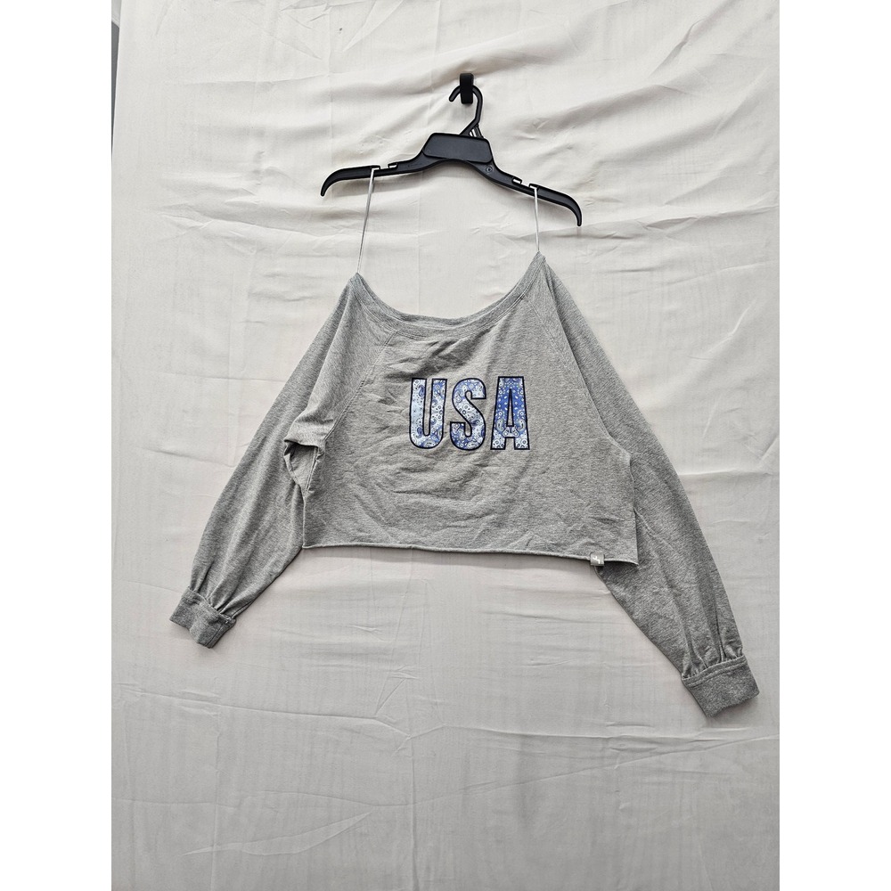 JoyLab Womens USA Graphic Long Sleeve Crop Top Gray Cotton Blend Size Small